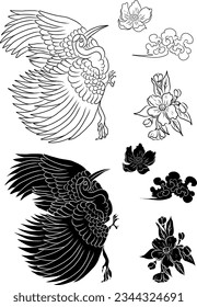 Ilustración vectorial de la grúa y la flor de cerezo para camiseta. Ola tradicional china en círculo. Hermosa línea de arte natural para imprimir en camisa. Arte asiático para el doodle y pintura en el fondo.