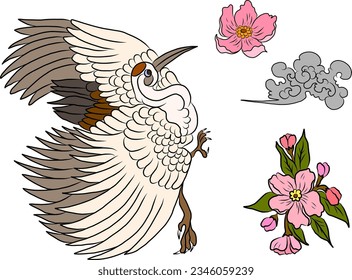 Kranblüte und Kirschblüte Vektorgrafik für T-Shirt.Traditionelle chinesische Welle im Kreis.Schöne Linienkunst der Natur zum Druck auf Hemd.Asiatische Kunst für Doodle und Malerei auf Hintergrund.