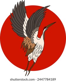 Crane and cherry blossom vector illustration for T-shirt.Traditional Chinese wave in circle.Beautiful line art of nature for printing on shirt.Asian art for doodle and painting on background.