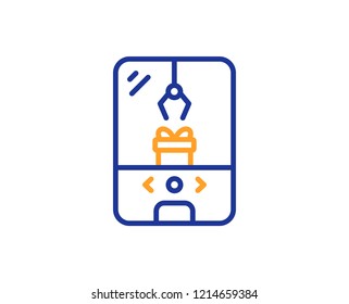 Crane claw machine line icon. Amusement park sign. Carousels symbol. Colorful outline concept. Blue and orange thin line color icon. Crane claw machine Vector