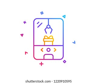 Crane claw machine line icon. Amusement park sign. Carousels symbol. Gradient line button. Crane claw machine icon design. Colorful geometric shapes. Vector
