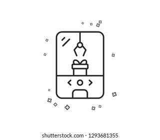 Crane claw machine line icon. Amusement park sign. Carousels symbol. Geometric shapes. Random cross elements. Linear Crane claw machine icon design. Vector