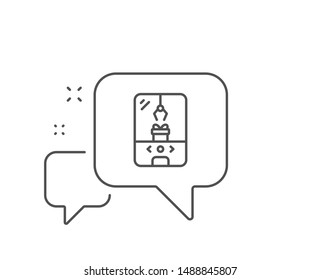 Crane claw machine line icon. Chat bubble design. Amusement park sign. Carousels symbol. Outline concept. Thin line crane claw machine icon. Vector