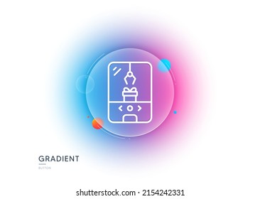 Crane claw machine line icon. Gradient blur button with glassmorphism. Amusement park sign. Carousels symbol. Transparent glass design. Crane claw machine line icon. Vector