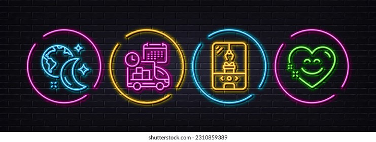 Crane claw machine, Sleep and Delivery minimal line icons. Neon laser 3d lights. Smile chat icons. For web, application, printing. Attraction park, World and moon, Cargo schedule. Heart face. Vector