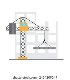 Crane at Construction Building Site. Flat illustration of constructing a house