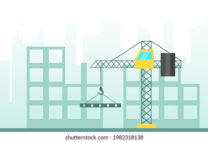 Crane at Construction Building Site with Hazy Modern City Silhouette in the Background Vector Illustration. Industry and modern technology concept.