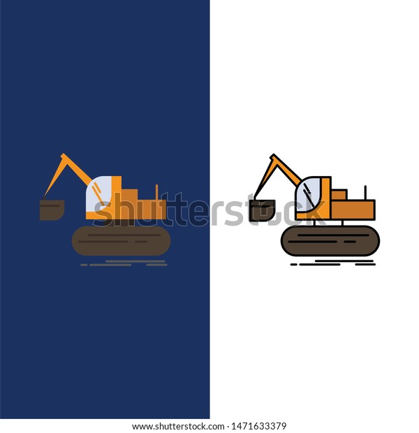 Crane, Construction, Lift, Truck \
Icons. Flat and Line Filled Icon Set Vector Blue\
Background