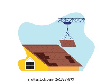 Crane construction roof home, installation. Character design. Vector flat illustration