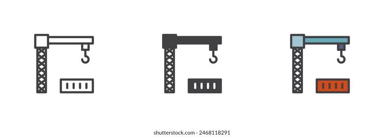 Crane and container different style icon set. Line, glyph and filled outline colorful version, outline and filled vector sign. Building construction symbol, logo illustration. Vector graphics