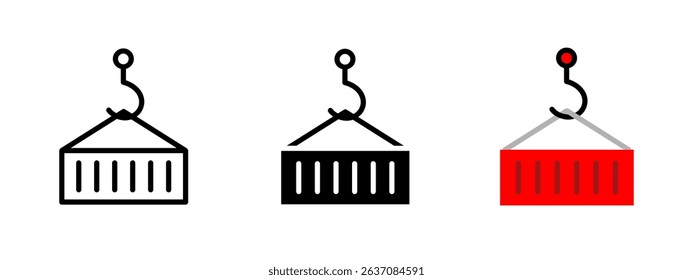 Crane container icon. Industrial hook lifting a rectangular cargo box vector illustration. Shipping and logistics symbol for freight handling. Port and transport machinery pictogram.