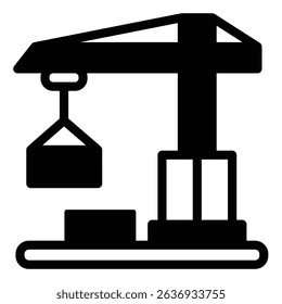 Crane with container solid icon, construction concept. Vector graphics. Cargo uplifting heavy equipment sign on white background, style mobile or design