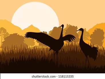 Crane couple in wild mountain nature landscape background illustration vector