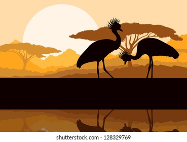 Crane couple in wild mountain nature landscape background illustration vector