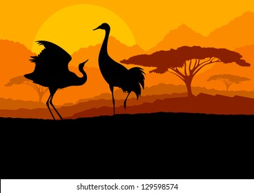 Crane couple in wild mountain nature landscape background illustration vector