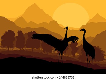 Crane couple in wild mountain nature landscape background illustration vector