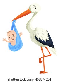 Crane delivering baby boy illustration