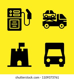 crane, delivery truck, sand castle and gas station vector icon set. Sample icons set for web and graphic design