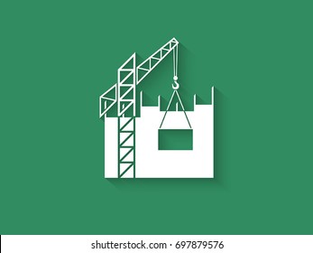 Crane (derrick, jib, arm, gib arm) on silhouettes of buildings background flat logo, building process illustrating, development industry logo icon