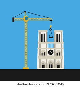 Crane and derrick is rebuilding building of Notre Dame in Paris, France. Reconstruction of historical cathedral. Vector illustration