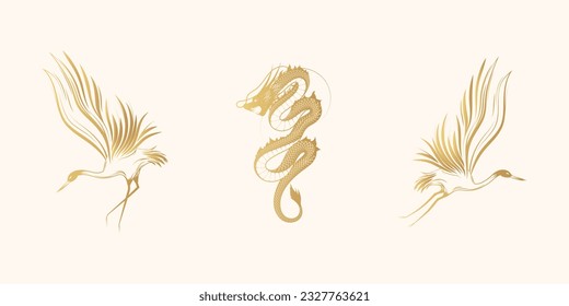 Crane and dragon. Three golden Japanese hand drawn vector illustrations isolated on white for greeting cards and posters.