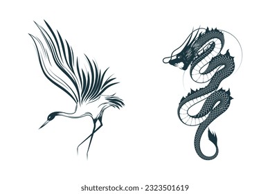 Crane and dragon. Two japanese hand drawn vector illustrations isolated on white for greeting card, tattoo and poster.