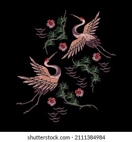 Crane embroidery. Bird heron, japanese cranes and oriental floral elements. Asian ornament silk stitch. Japanese design patch, nowaday vector pattern