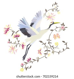 crane, embroidery, vector, illustration