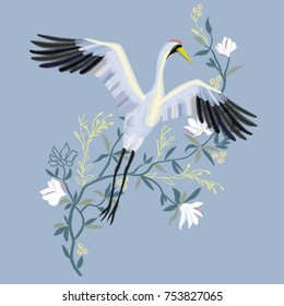 the crane embroidery, vector illustration, bird black design