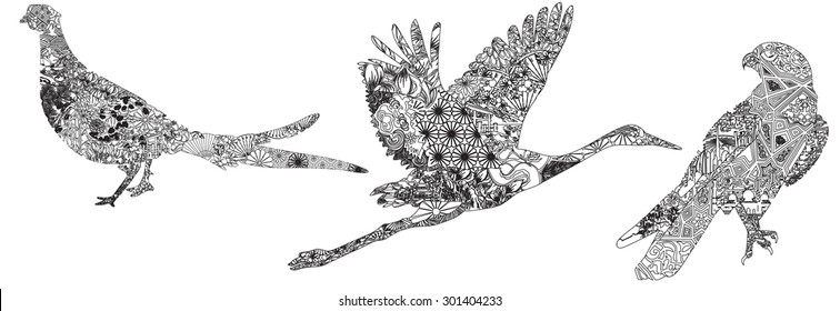 crane, falcon, pheasant Asian patterns