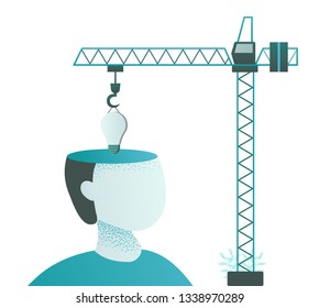 crane fill light bulb to head, increase idea, isolated on white background crane fill light bulb to head, increase idea, isolated on white background
