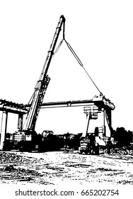Crane fix the beam for construction bridge vector illustration