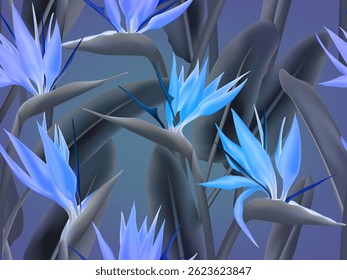 Crane flower fabric, textile with tropical leaves blue blossom. Palm leaves and Strelitzia Reginae seamless pattern, bird of paradise, bromelia. South African flowers and palm background vector.