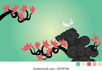 Crane and the flower tree