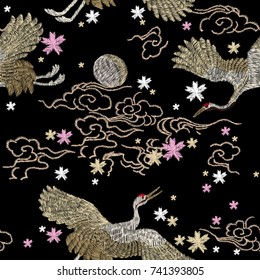 Crane and flowers plant. Traditional folk stylish stylish floral embroidery on the black background. Sketch for printing on fabric, clothing, bag, accessories and design. Vector, trend