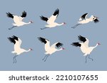 Crane flying. Cute bird in different poses. Vector illustration for prints, clothing, packaging, stickers.