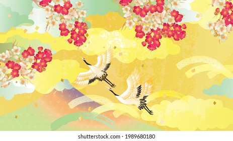 Crane flying Mt. Fuji Japanese pattern