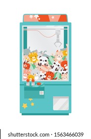 Crane game doll machine flat vector illustration. Claw machine with colorful plush animal toys. Amusement for children, winning prize. Arcade game for kids isolated on white background.