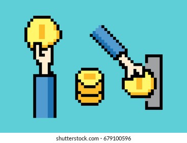 Crane Game Machine and Arcade crane vending machine. insert Coin. - Pixel Art. Elements Design. Illustration and icon.