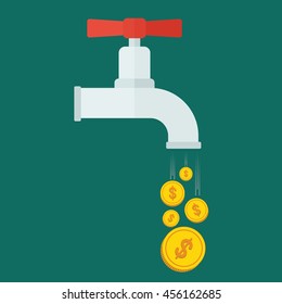 Crane with gold coins. Conceptual image of extravagance, frivolous with money. Objects isolated on white background. Flat cartoon vector illustration.