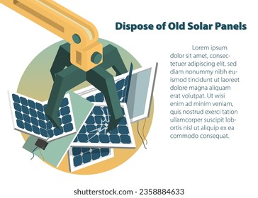 Crane  grabber loading Solar Panel, Hydraulic Claw, Disposal of Solar Panels, vector illustration