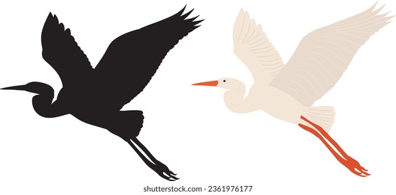 crane, heron flying in flat style with silhouette on white background, vector