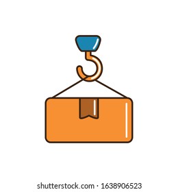 crane holding cardboard box cargo delivery vector illustration line and fill