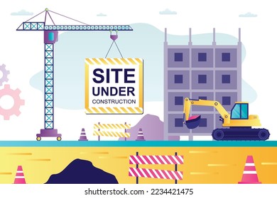 Crane holds placard - site under construction. Error 404, page not found, website on reconstruction. Process of building multi-storey building. Development, industrial machines. vector illustration