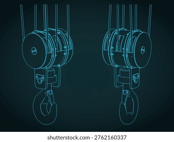 Crane hook block blueprints: stylized vector illustration