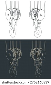Crane hook block blueprints: stylized vector illustrations