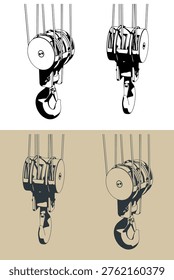 Crane hook block close-up stylized vector illustrations