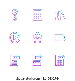 Crane hook  calculator  axe  video  medal  badge  tag  png  xlxs  excel  docx icon vector design  flat  collection style creative  icons