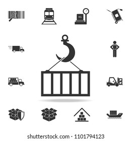 crane hook with container icon. Detailed set of logistic icons. Premium graphic design. One of the collection icons for websites, web design, mobile app on white background