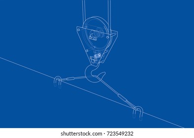 Crane hook with empty plate for text. Vector rendering of 3d. Wire-frame style. The layers of visible and invisible lines are separated